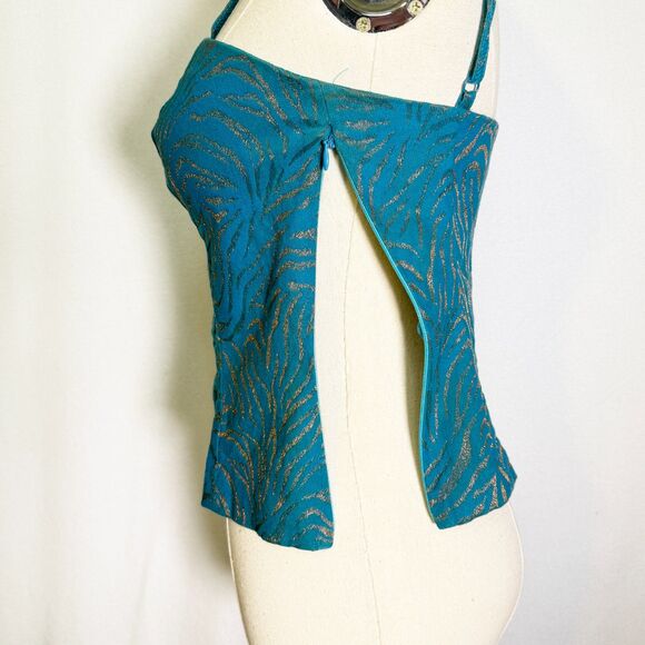 Vintage | 1990s | Georgiou | Blue and Metallic Gold Animal Print Bustier | Sz 4 - Picture 3 of 9
